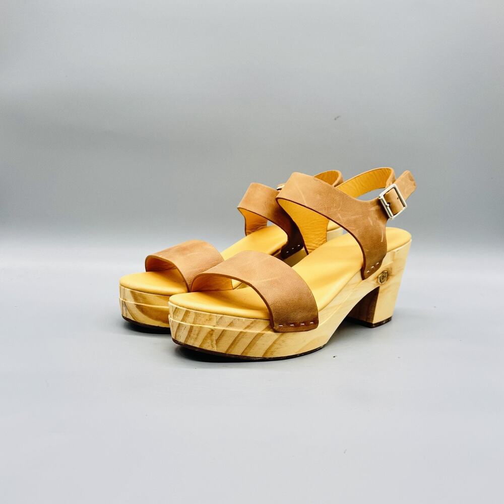 Nisolo Sandals Womens 8 Brown Leather Slingback Wooden Platform Block Heel Shoes - Picture 3 of 11